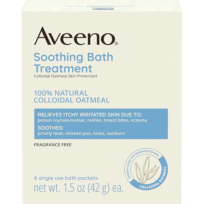 Aveeno Fragrance Free Soothing Bath Treatment, 100% Natural Colloidal Oatmeal, Sensitive Skin Bath Soak for Relief of Dry, Itchy, Irritated Skin Due to Eczema & Hives, Bath Packets, 8 ct. - Image 1